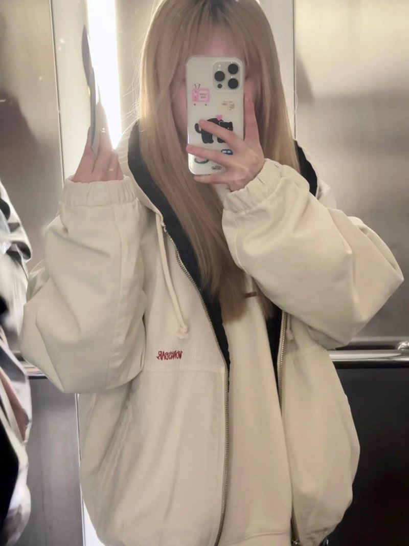 Cream Oversized Zip-Up Jacket with Embroidered Logo view