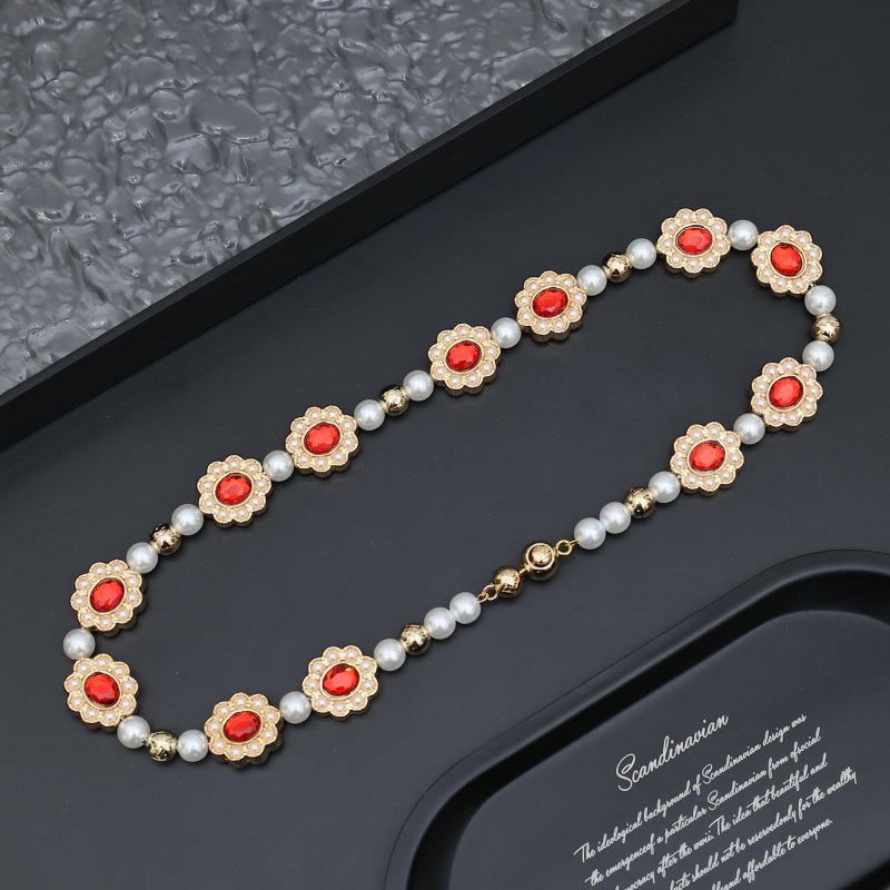 Louis Vuitton Gold Floral Glass Bead Necklace Red Pearl