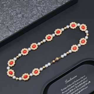 Louis Vuitton Gold Floral Glass Bead Necklace Red Pearl