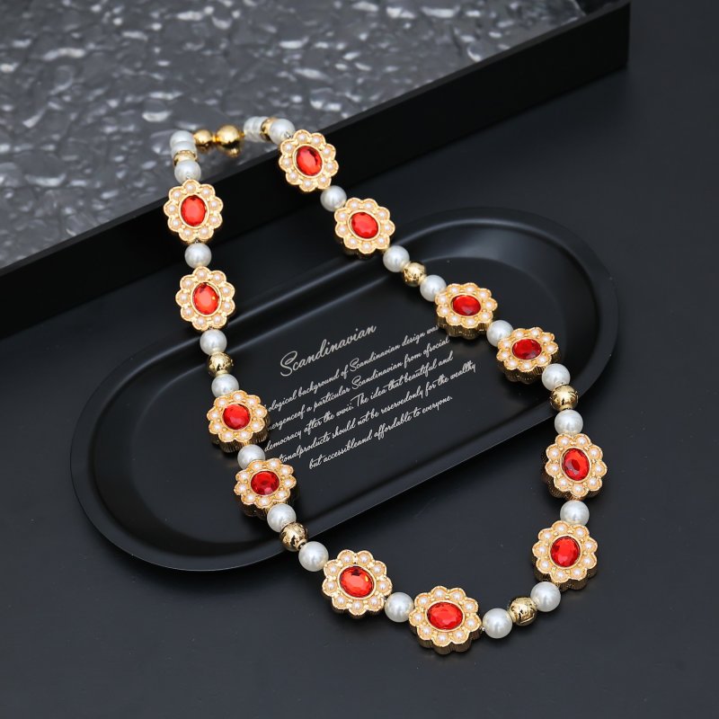Louis Vuitton Gold Floral Glass Bead Necklace Red Pearl view
