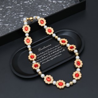 Louis Vuitton Gold Floral Glass Bead Necklace Red Pearl view 2