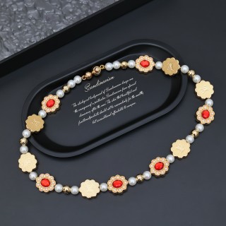 Louis Vuitton Gold Floral Glass Bead Necklace Red Pearl view 3