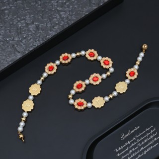 Louis Vuitton Gold Floral Glass Bead Necklace Red Pearl view 8
