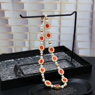 Louis Vuitton Gold Floral Glass Bead Necklace Red Pearl view 9