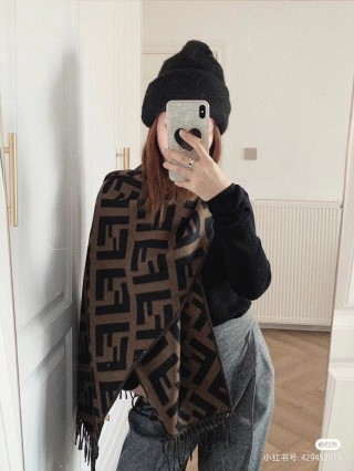 Fendi FF Monogram Wool Cashmere Scarf Black Brown