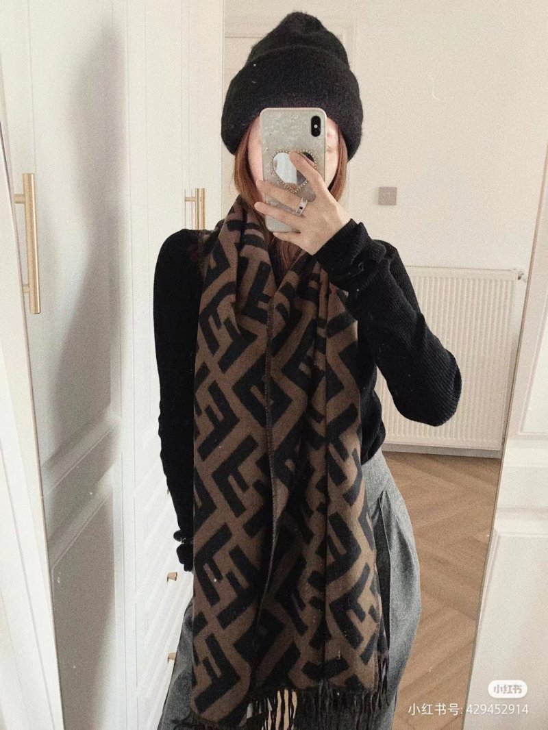 Fendi FF Monogram Wool Cashmere Scarf Black Brown view