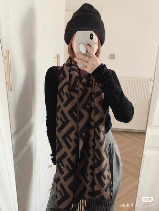 Fendi FF Monogram Wool Cashmere Scarf Black Brown view 3