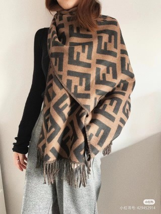 Fendi FF Monogram Wool Cashmere Scarf Black Brown view 7