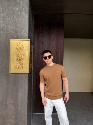 Camel Ribbed Knit Short Sleeve T-Shirt