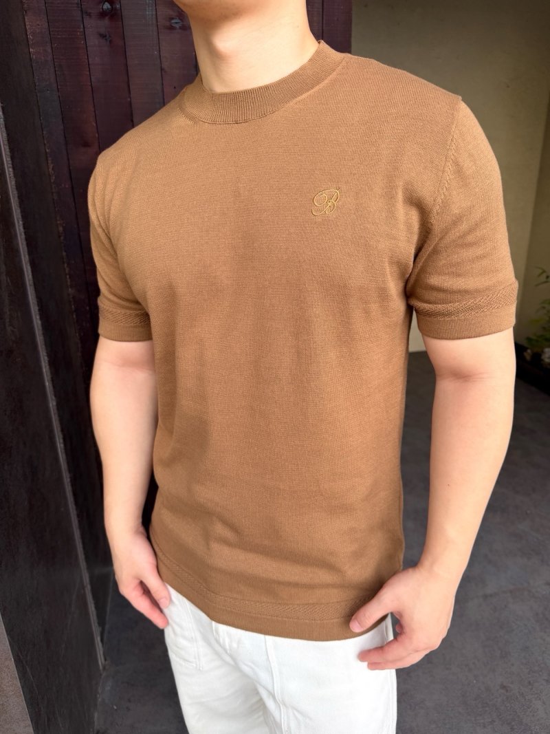 Camel Ribbed Knit Short Sleeve T-Shirt