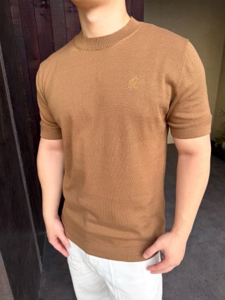 Camel Ribbed Knit Short Sleeve T-Shirt view 2