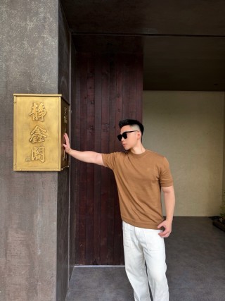 Camel Ribbed Knit Short Sleeve T-Shirt view 4