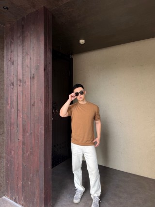Camel Ribbed Knit Short Sleeve T-Shirt view 6