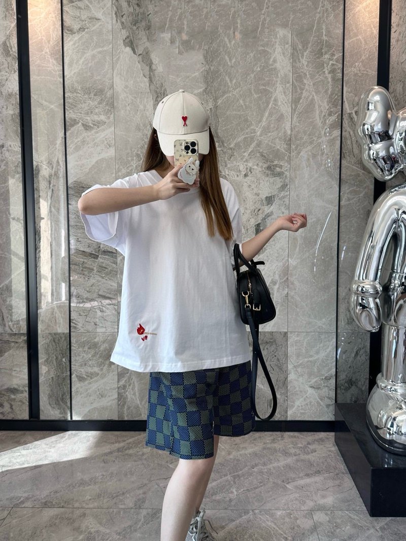 White Short Sleeve T-Shirt with Red Embroidery Detail view