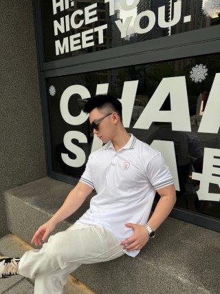 Burberry White Polo Shirt with Grey Striped Cuff view 5