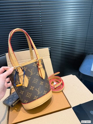 LV Monogram Canvas Bucket Bag with Adjustable Leather Strap view 6