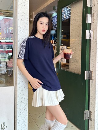 Navy Blue Monogram Sleeve T-Shirt