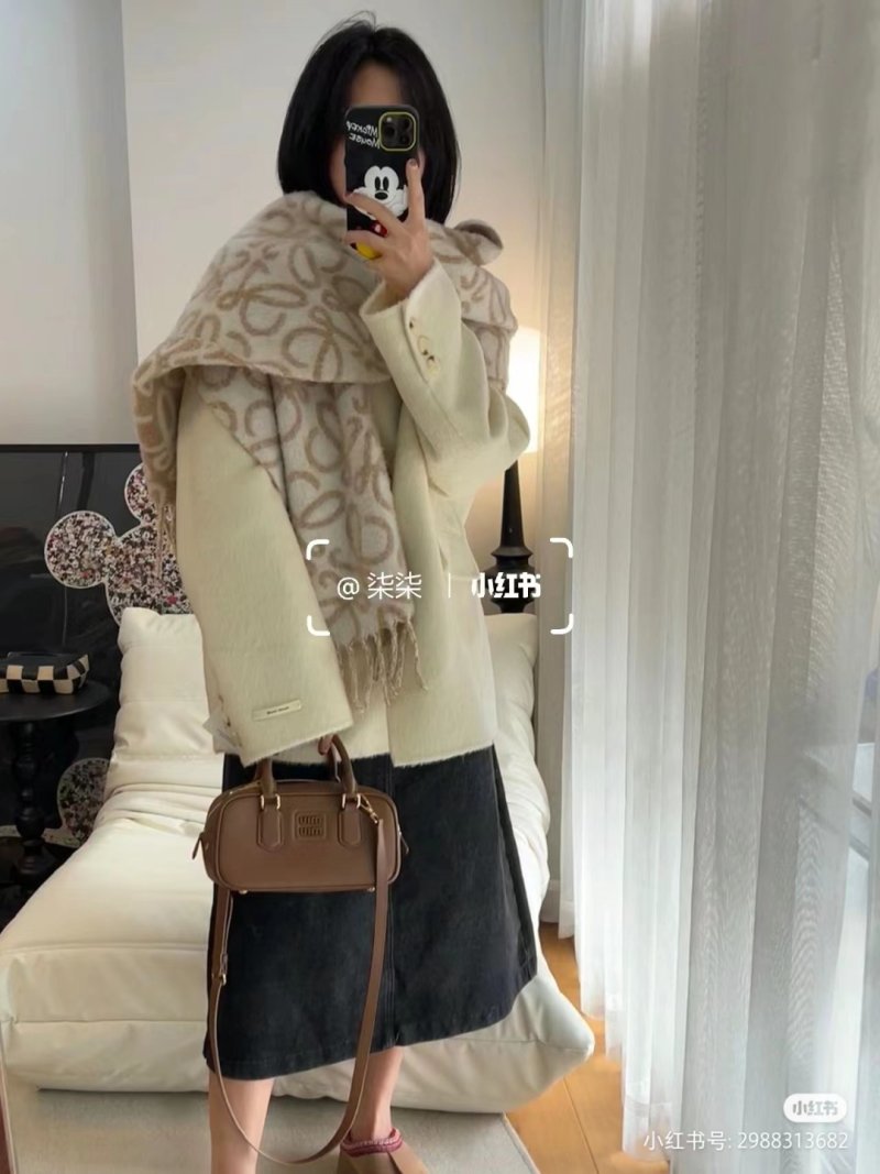 Loewe Beige Jacquard Wool Mohair Fringe Scarf 23FW view