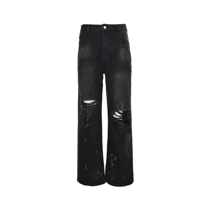 Black Distressed Ripped Jeans - Wide Leg Premium Denim view
