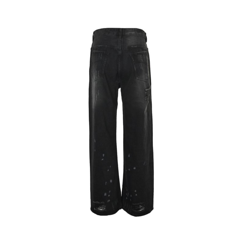 Black Distressed Ripped Jeans - Wide Leg Premium Denim view