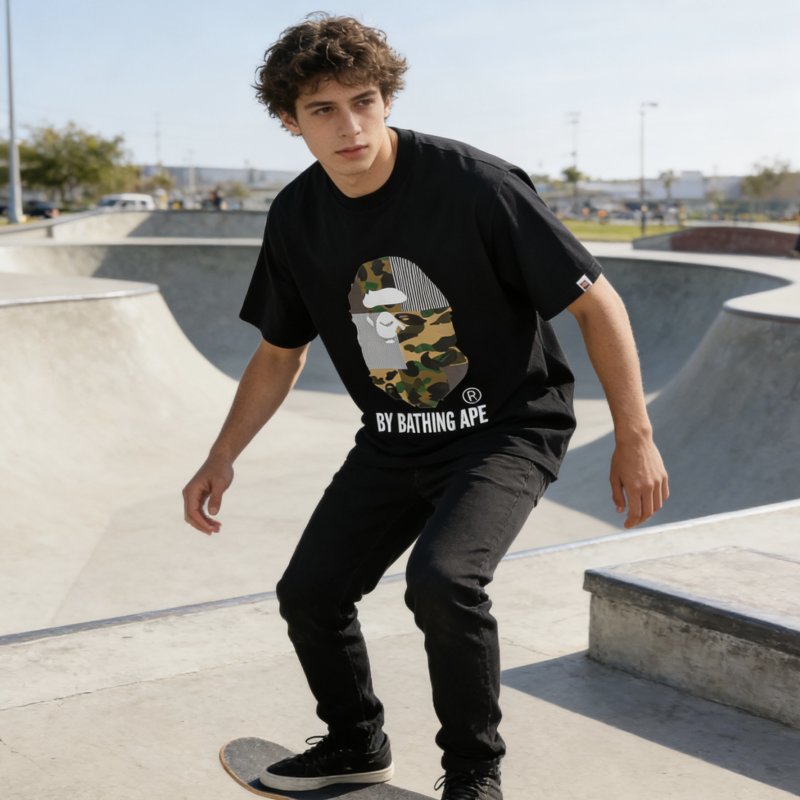 A Bathing Ape Camo Head Logo Black T-Shirt view