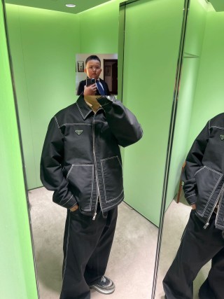 Prada Black Nylon Harrington Jacket with Contrast Stitching view 6