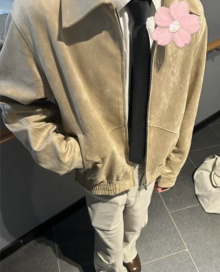 Beige Zip-Up Bomber Jacket with Ribbed Hem