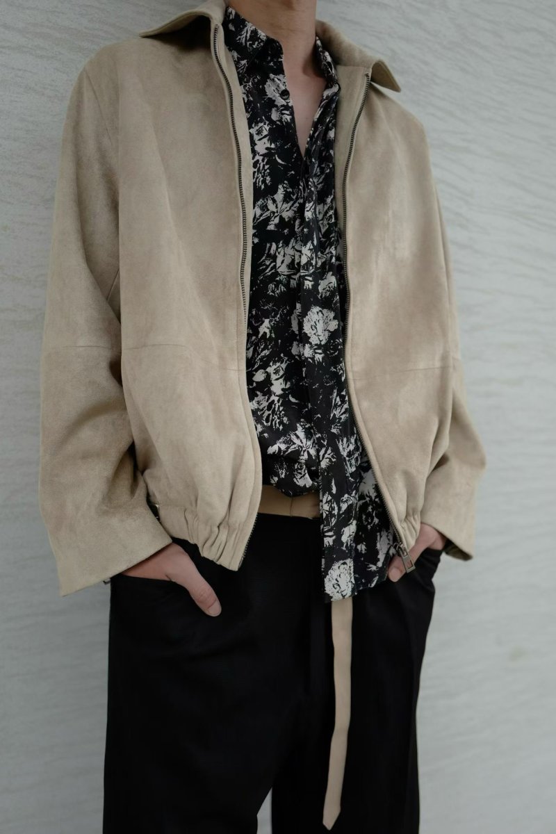 Beige Zip-Up Bomber Jacket with Ribbed Hem view