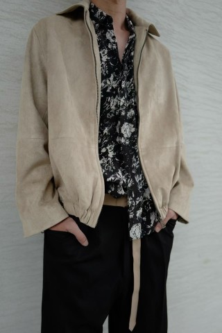 Beige Zip-Up Bomber Jacket with Ribbed Hem view 6