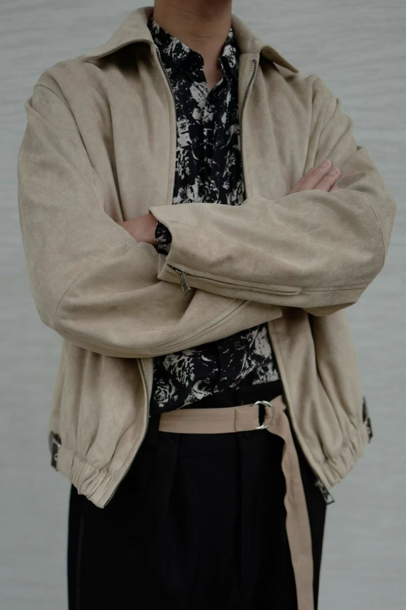 Beige Zip-Up Bomber Jacket with Ribbed Hem view