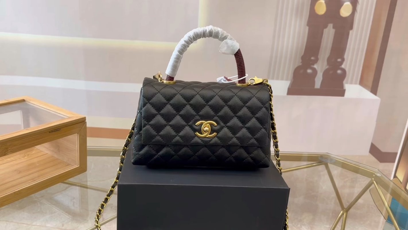 Chanel Black Quilted Top Handle Flap Bag Gold Hardware