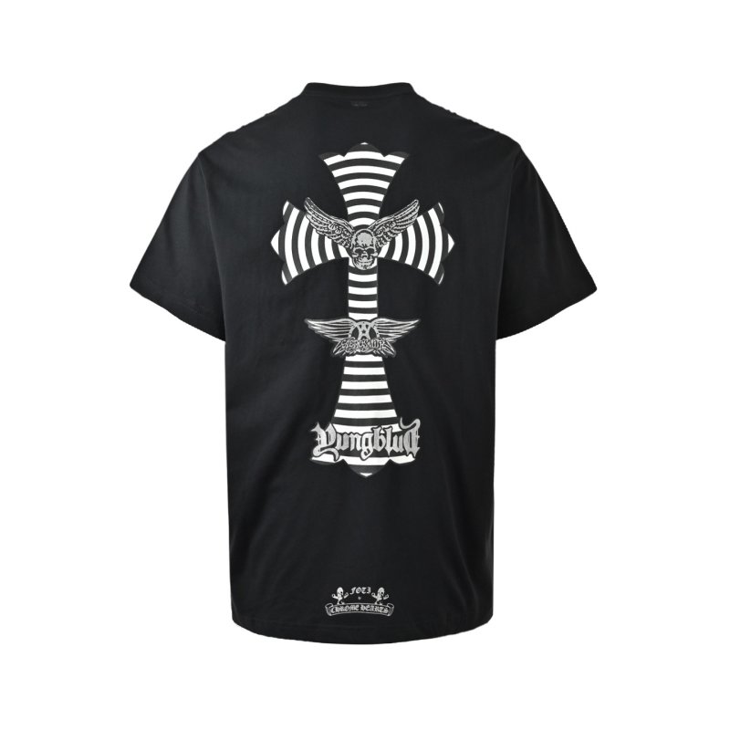 Black Graphic Skull Wings T-Shirt with Hypnotic Stripes view