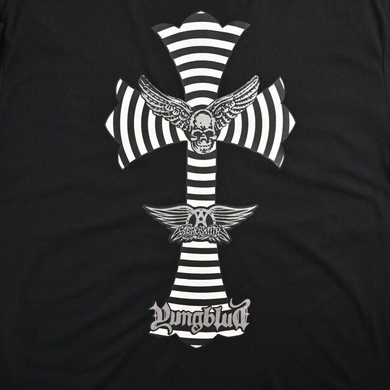 Black Graphic Skull Wings T-Shirt with Hypnotic Stripes view