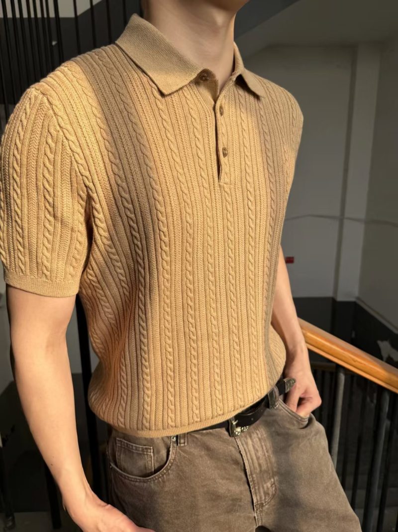Beige Cable Knit Short Sleeve Polo Shirt