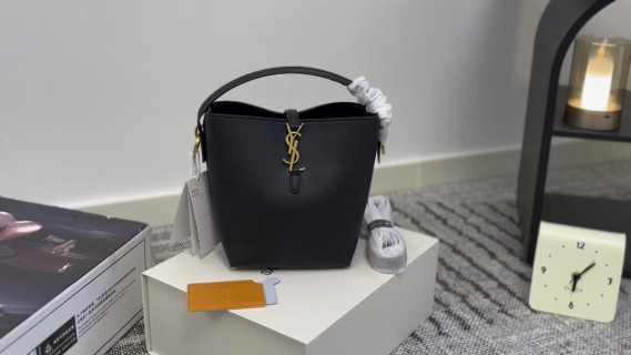 YSL Bucket Bag Black Leather Gold Monogram