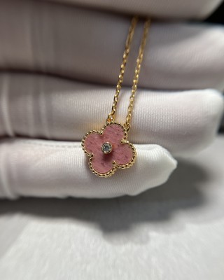 Van Cleef & Arpels Four Leaf Clover Pink Stone Diamond Necklace Rose Gold view 4
