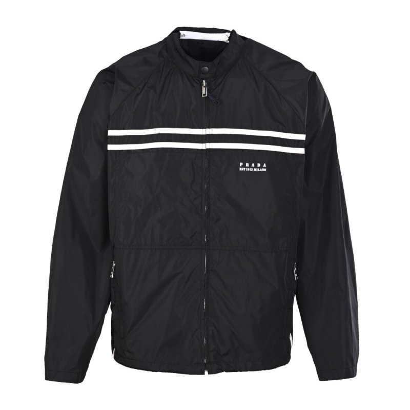 Prada Black Nylon Windbreaker Jacket with White Stripes view