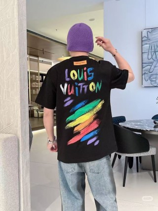 Louis Vuitton Colorful Rainbow Brush Stroke Black T-Shirt