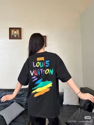 Louis Vuitton Colorful Rainbow Brush Stroke Black T-Shirt view 3