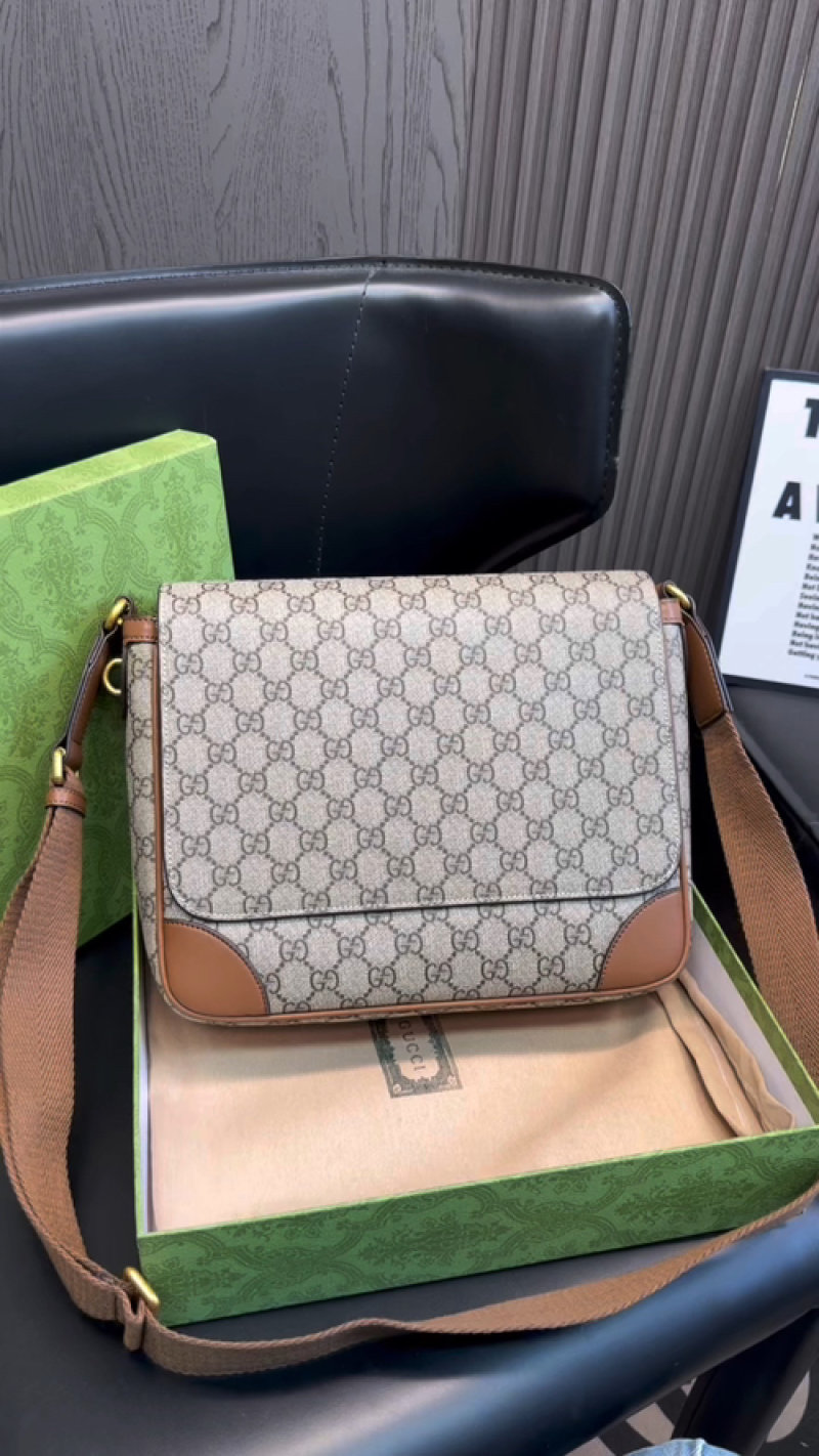 Gucci GG Canvas Beige Brown Leather Messenger Bag