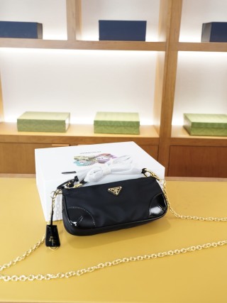 Prada Black Nylon Shoulder Bag with Gold Chain Strap