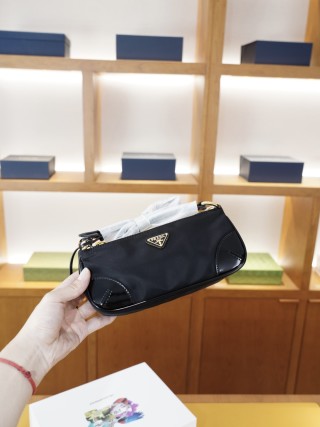 Prada Black Nylon Shoulder Bag with Gold Chain Strap view 2