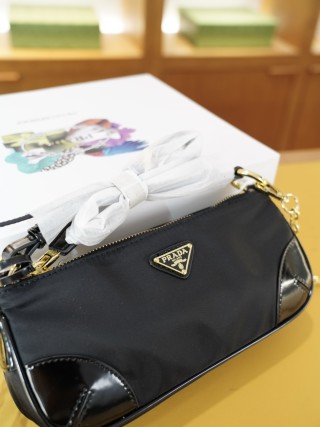Prada Black Nylon Shoulder Bag with Gold Chain Strap view 3