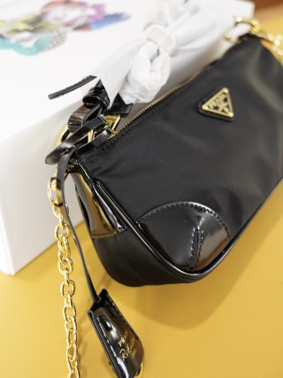 Prada Black Nylon Shoulder Bag with Gold Chain Strap view 5