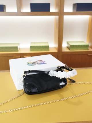 Prada Black Nylon Shoulder Bag with Gold Chain Strap view 6