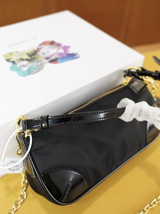 Prada Black Nylon Shoulder Bag with Gold Chain Strap view 7