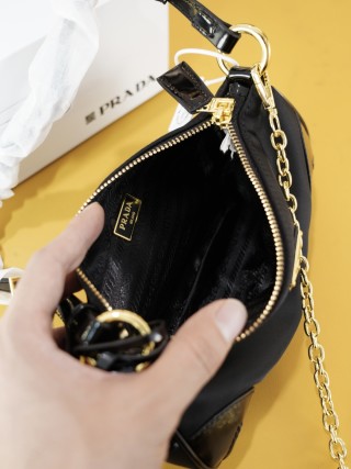 Prada Black Nylon Shoulder Bag with Gold Chain Strap view 9