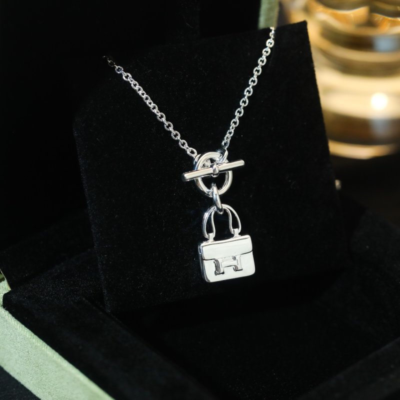 Hermes Constance Bag Charm Toggle Necklace Silver