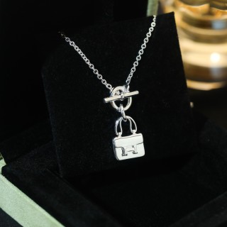 Hermes Constance Bag Charm Toggle Necklace Silver