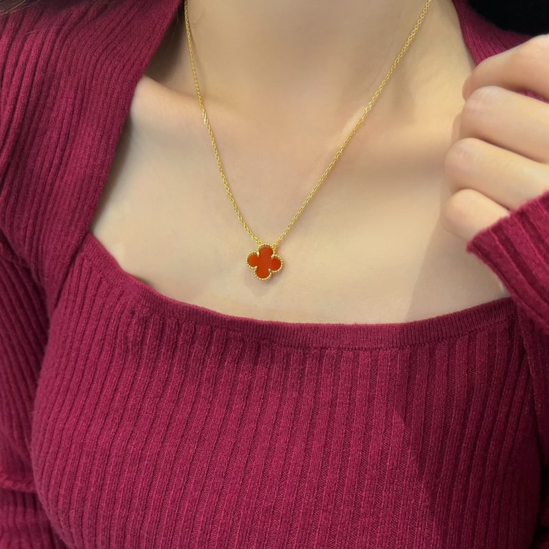 Gold Clover Pendant Necklace Red Agate